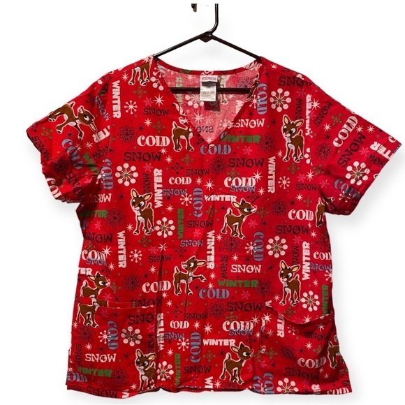 Rudolph‎ Top The Red Nosed Reindeer Scrub Women’s Size Large Red Cotton - Picture 1 of 11
